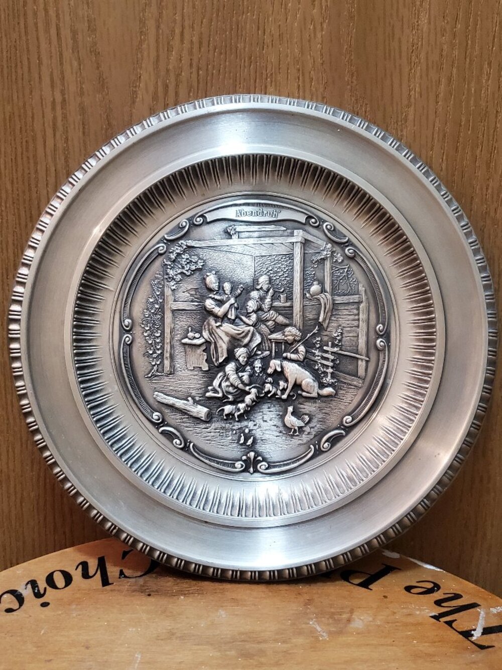 Vintage German Pewter Wall Plate 95% Zinn "Abendruh" Relief Steibert Dresden